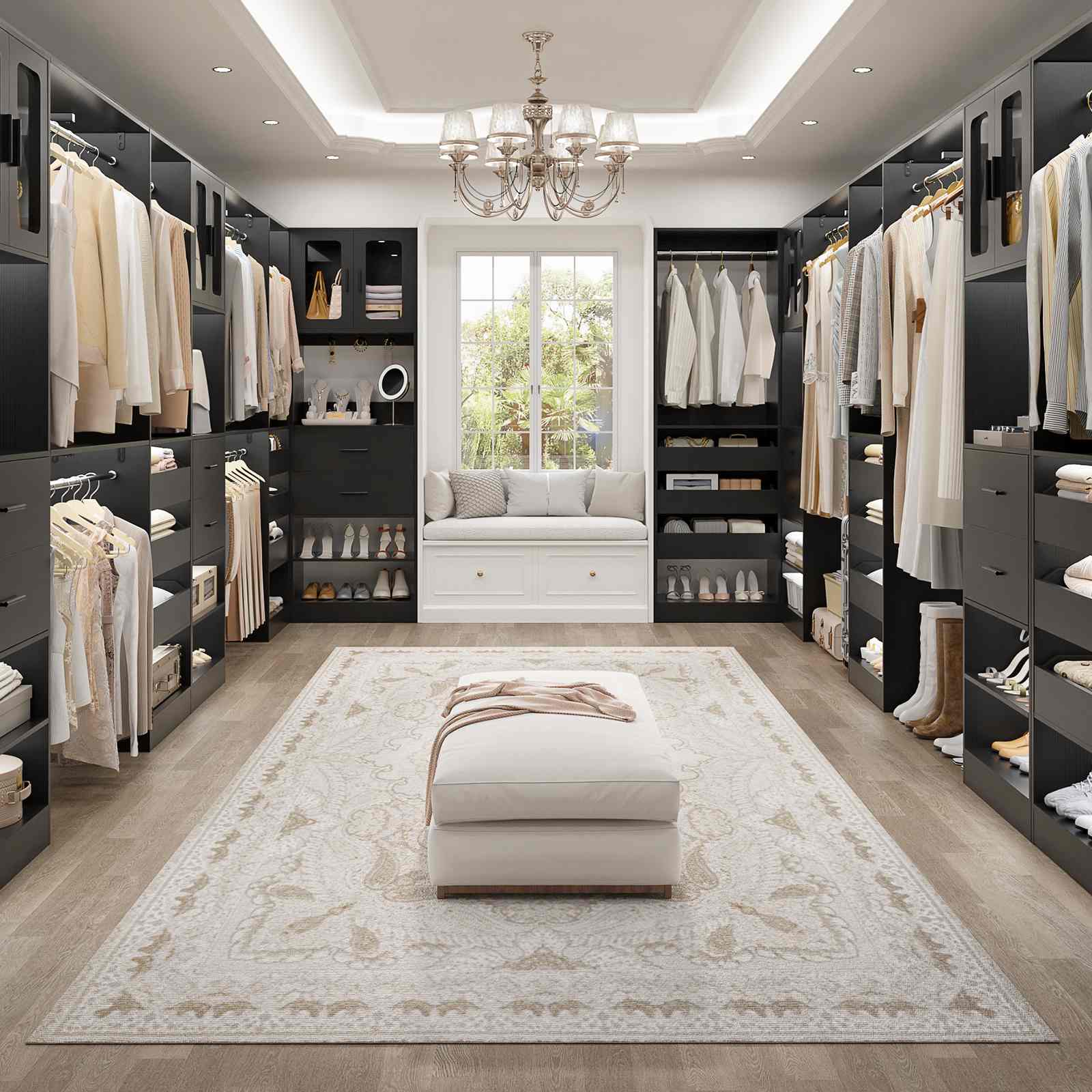 40''-120" Closet System Set 2 with 3 Half-Open Drawers, Shelving Towers, Hanging Rods and 2 Big Wing Shelves