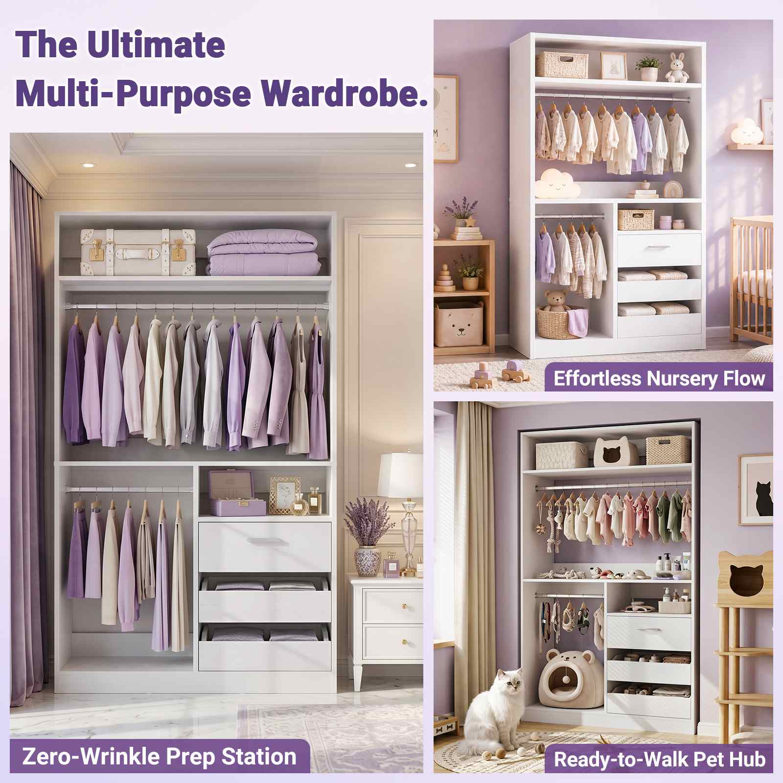 36'' Closet System with Long Hanging Rods, 4 Shelves, Wood Walk-in Closet with Closed & 2 Half-Open Drawers