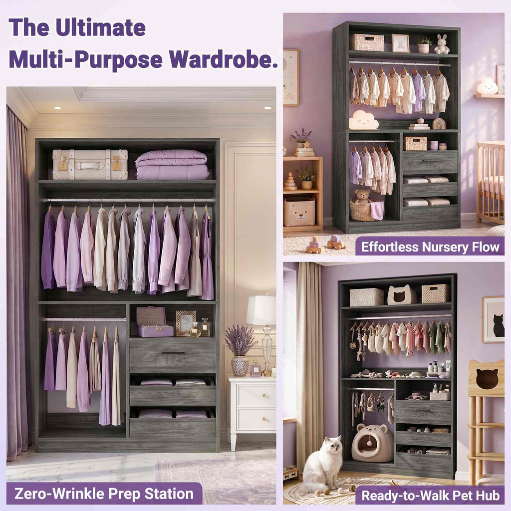 36'' Closet System with Long Hanging Rods, 4 Shelves, Wood Walk-in Closet with Closed & 2 Half-Open Drawers