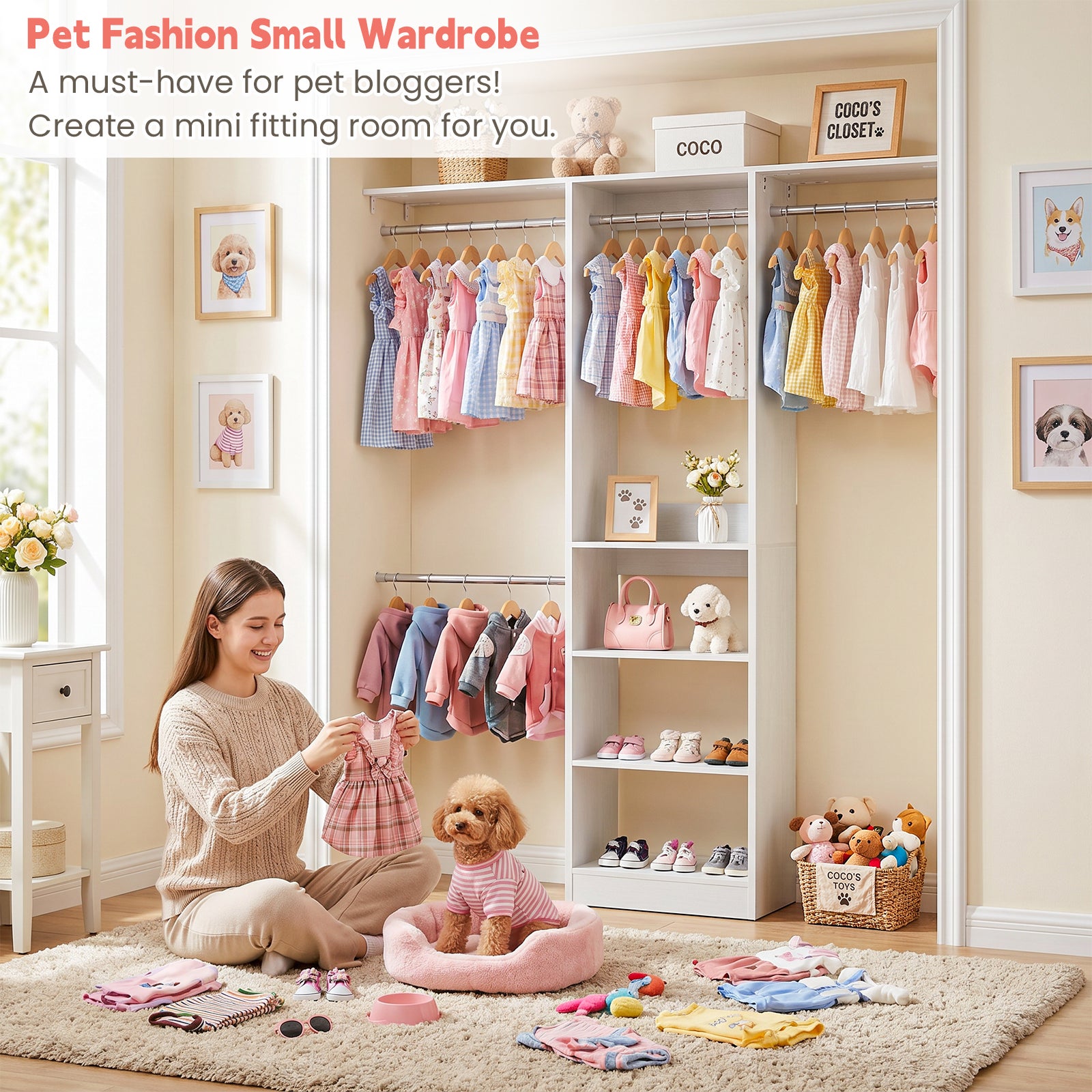 48" Small Closet System, Space-Saving Wall-Mounted Wardrobe Organizer, with 3 Adjustable Hanging Rods & 4 Shelves