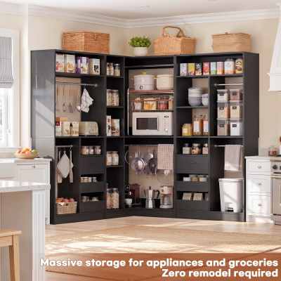 108" L-Shaped Closet System with 6 Drawers, 9FT Corner Closet System with 6 Hanging Rods & Corner Tower