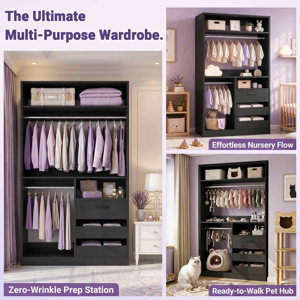 36'' Closet System with Long Hanging Rods, 4 Shelves, Wood Walk-in Closet with Closed & 2 Half-Open Drawers