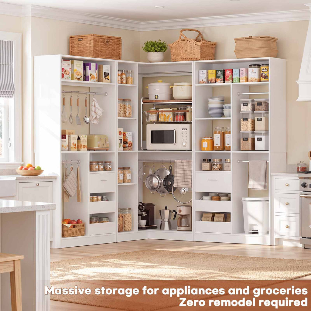 108" L-Shaped Closet System with 6 Drawers, 9FT Corner Closet System with 6 Hanging Rods & Corner Tower