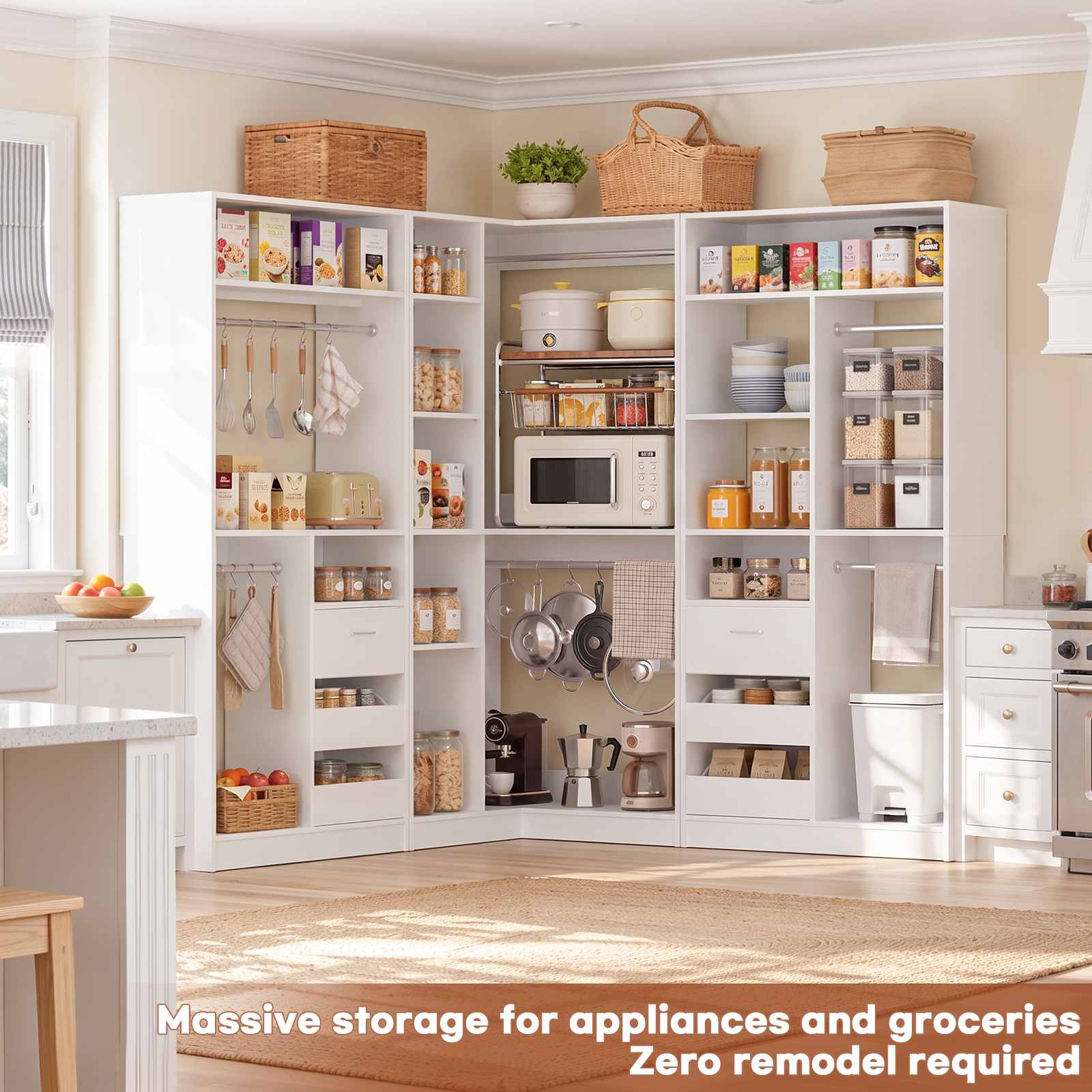 108" L-Shaped Closet System with 6 Drawers, 9FT Corner Closet System with 6 Hanging Rods & Corner Tower