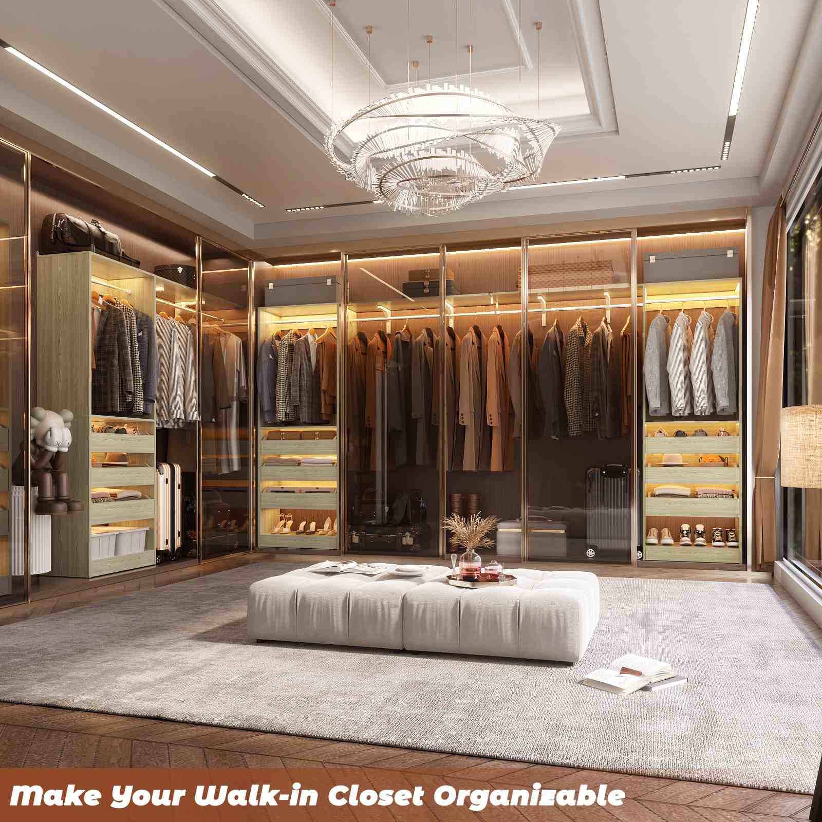 80" Tall x 60" Wide Closet System with 3 Half-Open Wooden Drawers,  2 Hanging Rods and Big Wing Shelf