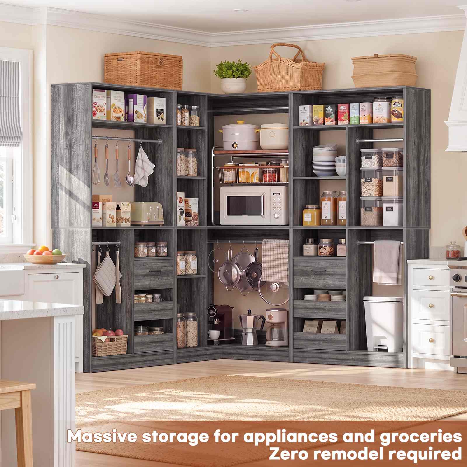 108" L-Shaped Closet System with 6 Drawers, 9FT Corner Closet System with 6 Hanging Rods & Corner Tower