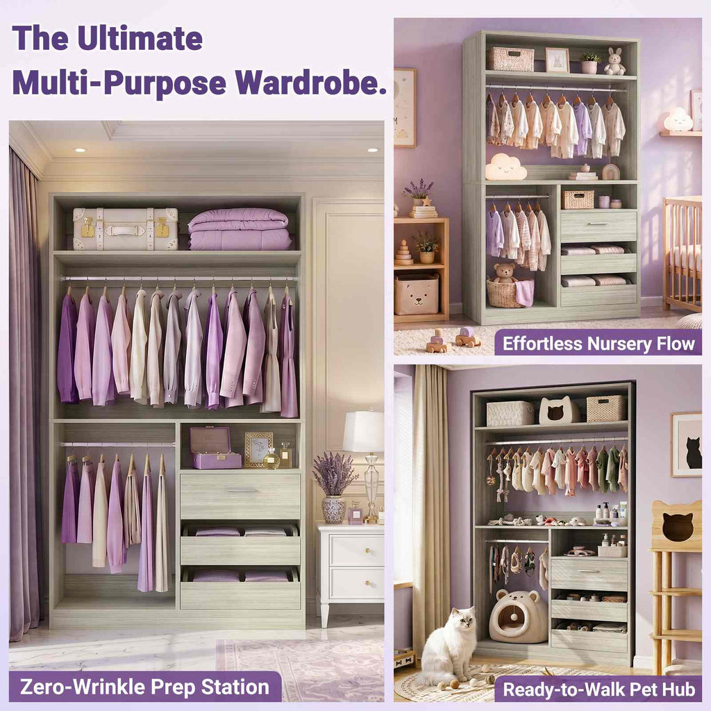 36'' Closet System with Long Hanging Rods, 4 Shelves, Wood Walk-in Closet with Closed & 2 Half-Open Drawers