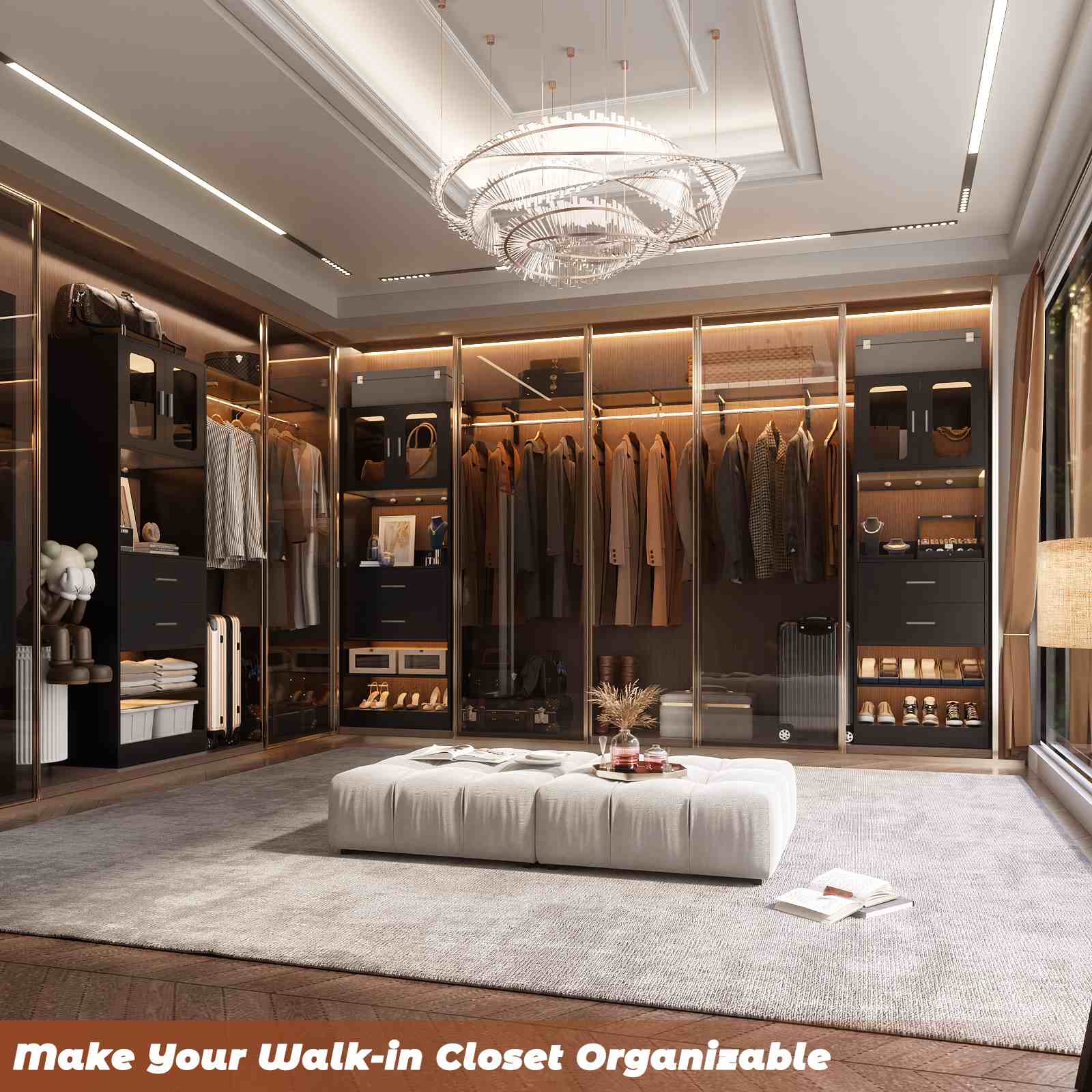 80" Tall x 60" Wide Closet System with Doors, Wooden Drawers, Big Wing Shelf and Hanging Rod