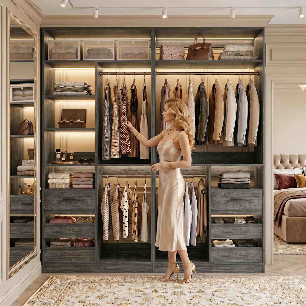 3FT Closet System with 6 Shelves, 2 Hanging Rod, Closed & 2 Half-Open Drawers