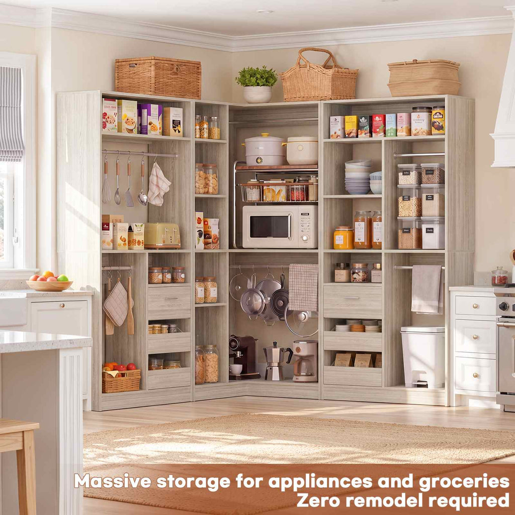 108" L-Shaped Closet System with 6 Drawers, 9FT Corner Closet System with 6 Hanging Rods & Corner Tower