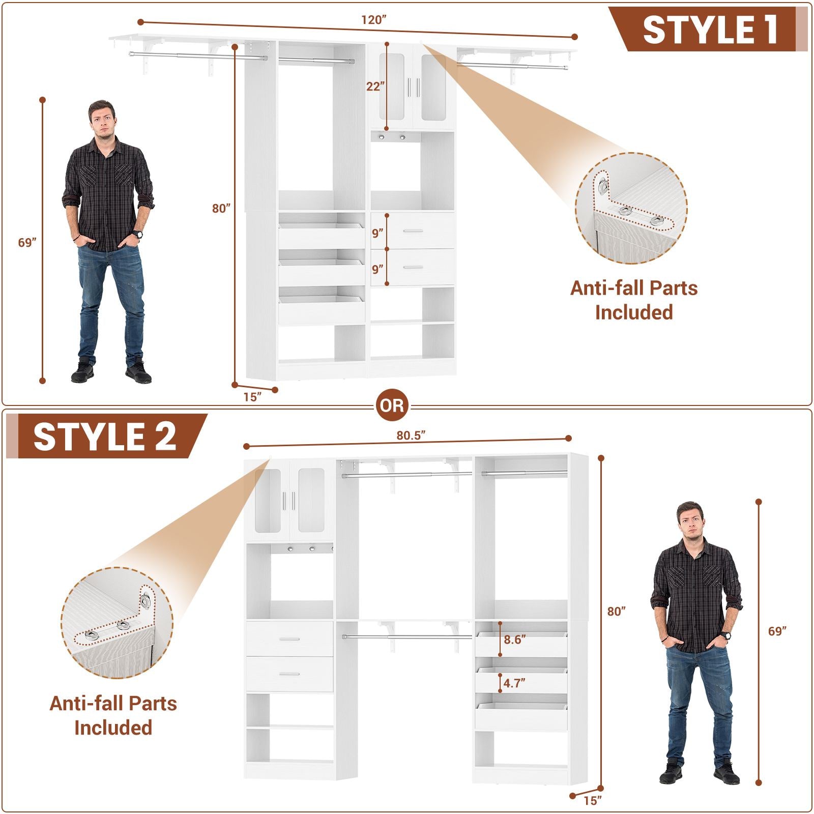 40''-120" Closet System Set 2 with 3 Half-Open Drawers, Shelving Towers, Hanging Rods and 2 Big Wing Shelves