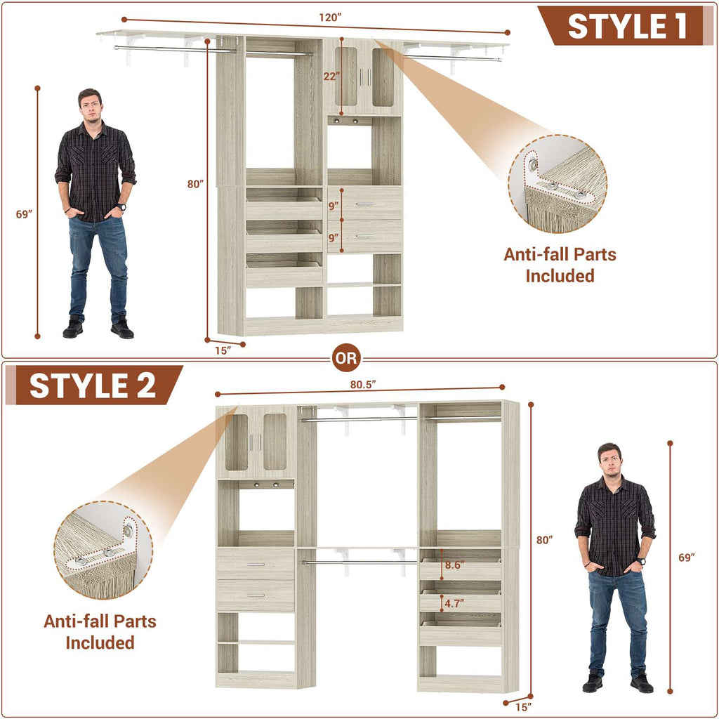 40''-120" Closet System Set 2 with 3 Half-Open Drawers, Shelving Towers, Hanging Rods and 2 Big Wing Shelves