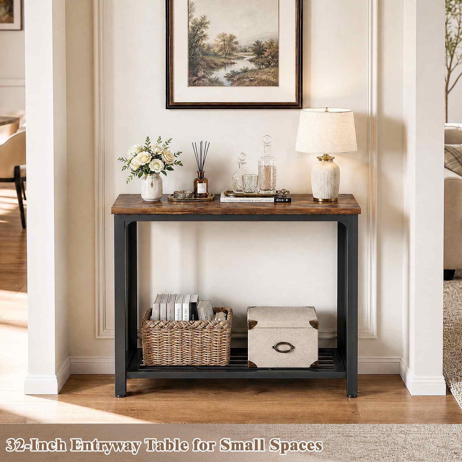 32" 2-Tier Small Entryway Table with Mesh Shelf