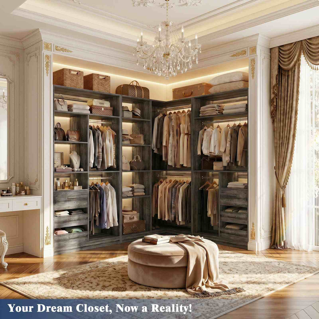 36'' Corner Closet System with 7 Shelves & 2 Hanging Rods, Load 800+LBS