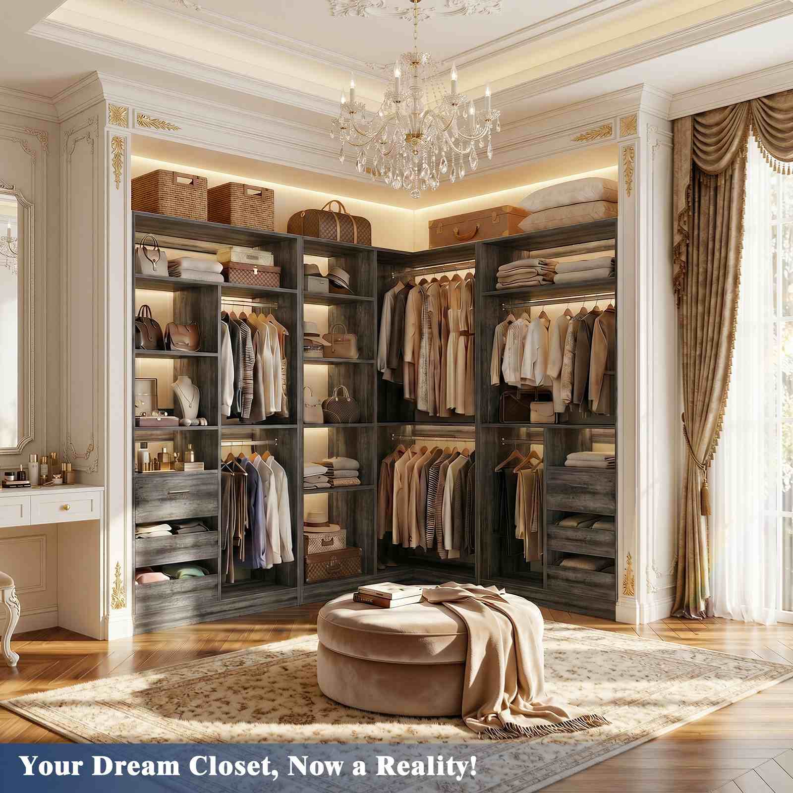 36'' Corner Closet System with 7 Shelves & 2 Hanging Rods, Load 800+LBS