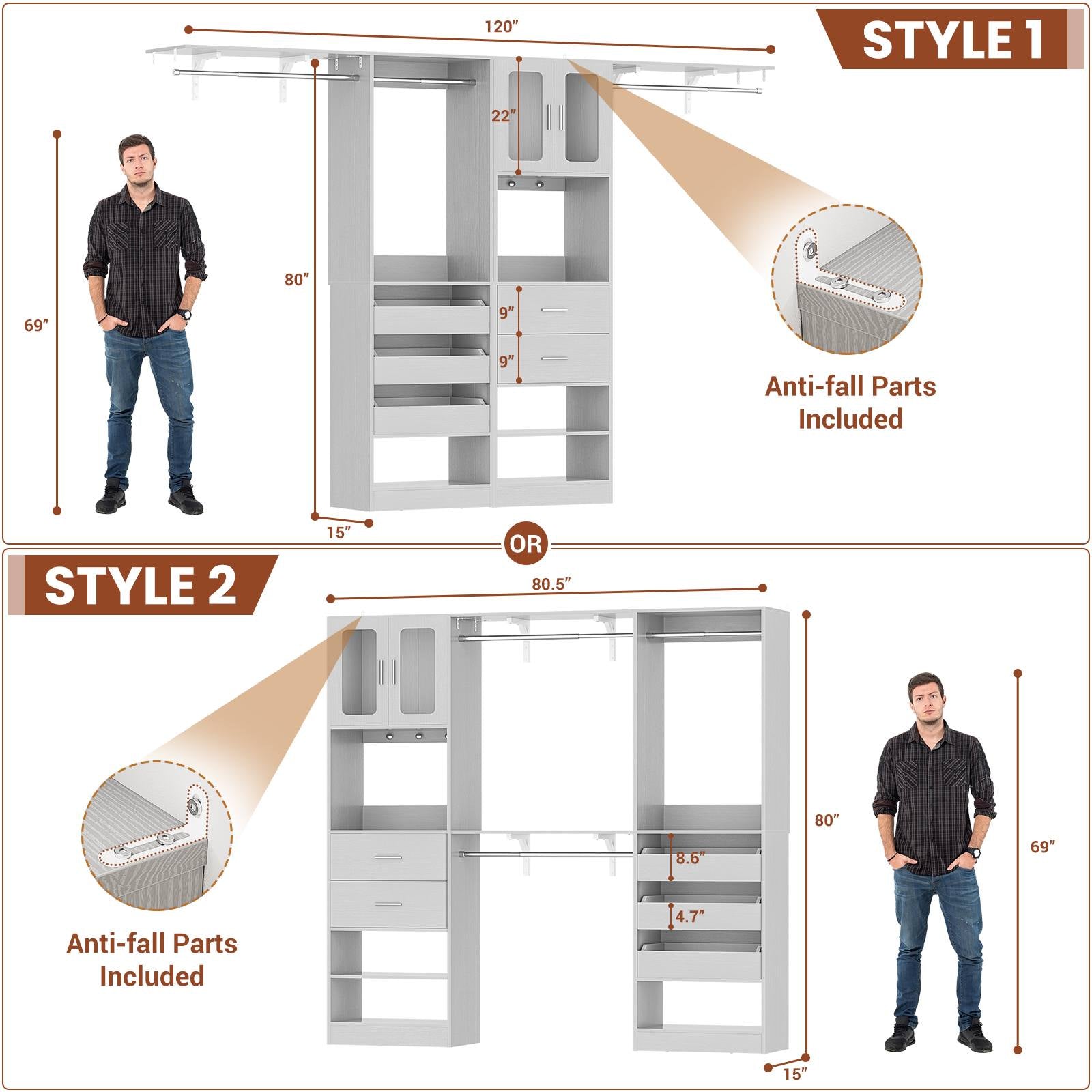 40''-120" Closet System Set 2 with 3 Half-Open Drawers, Shelving Towers, Hanging Rods and 2 Big Wing Shelves