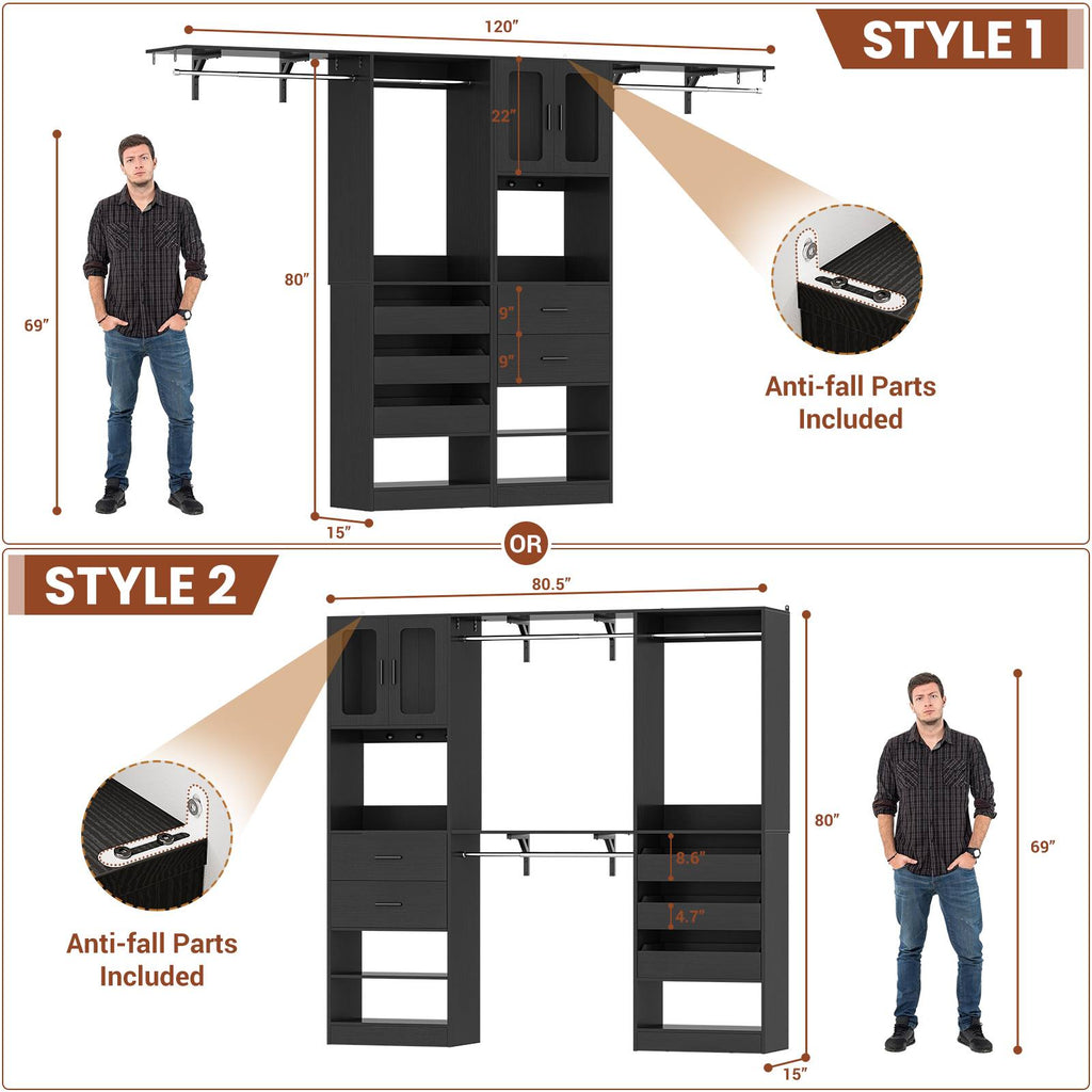 40''-120" Closet System Set 2 with 3 Half-Open Drawers, Shelving Towers, Hanging Rods and 2 Big Wing Shelves