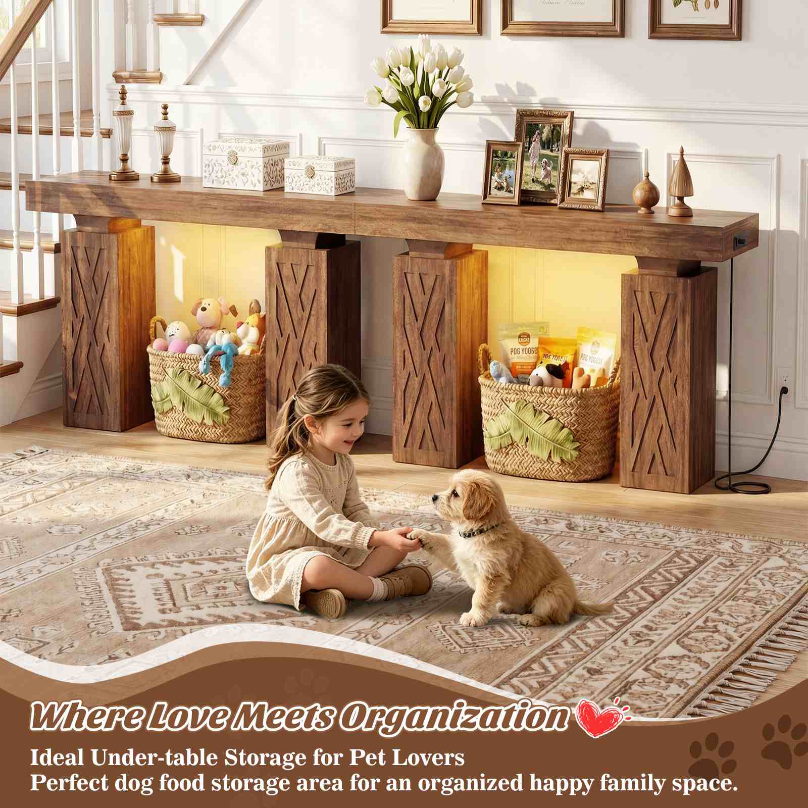 47.2'' Farmhouse Console Table with Charging Station and LED Lights