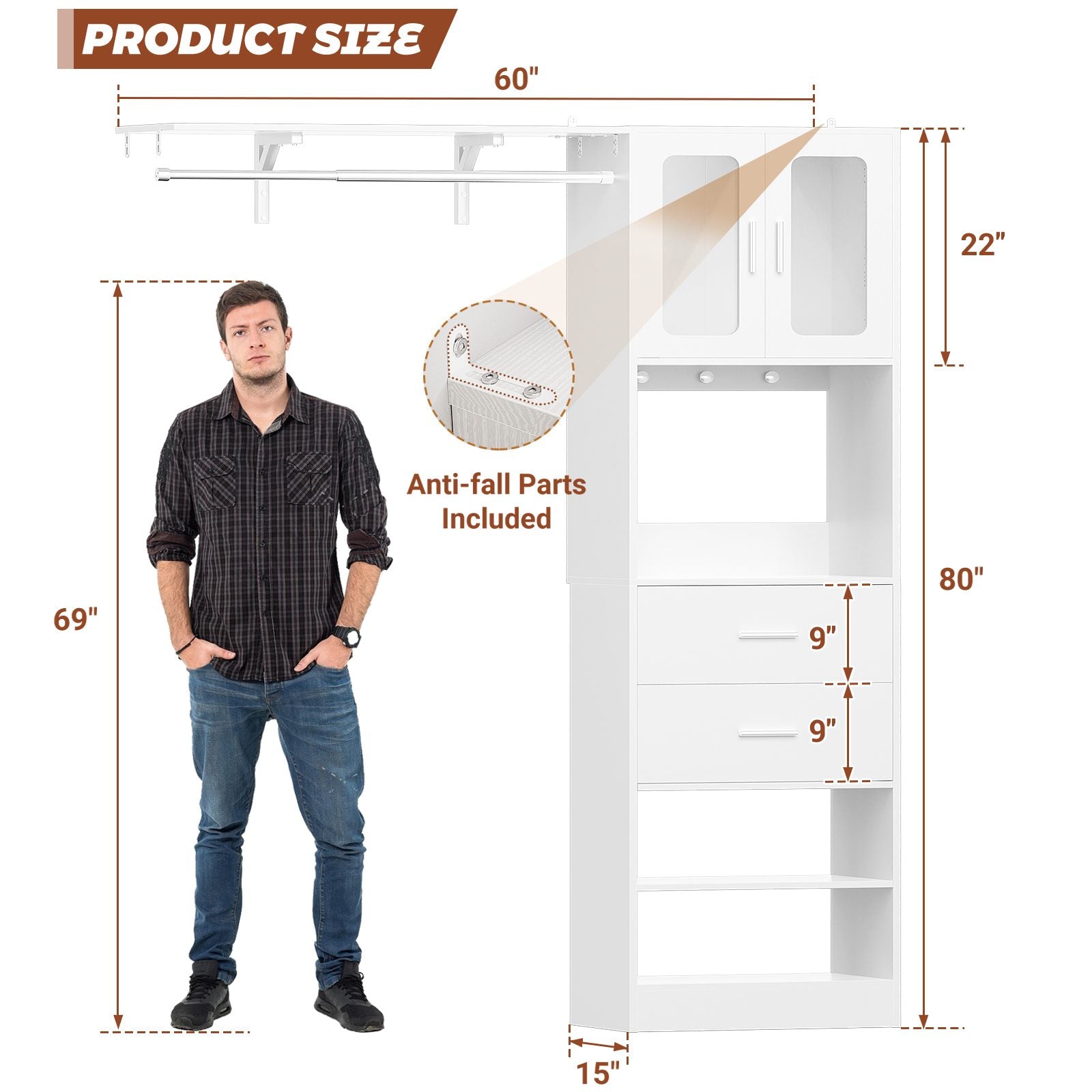 80" Tall x 60" Wide Closet System with Doors, Wooden Drawers, Big Wing Shelf and Hanging Rod
