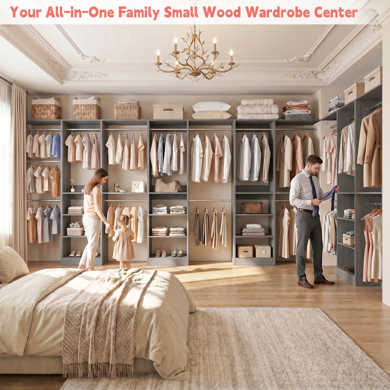 48" Small Closet System, Space-Saving Wall-Mounted Wardrobe Organizer, with 3 Adjustable Hanging Rods & 4 Shelves