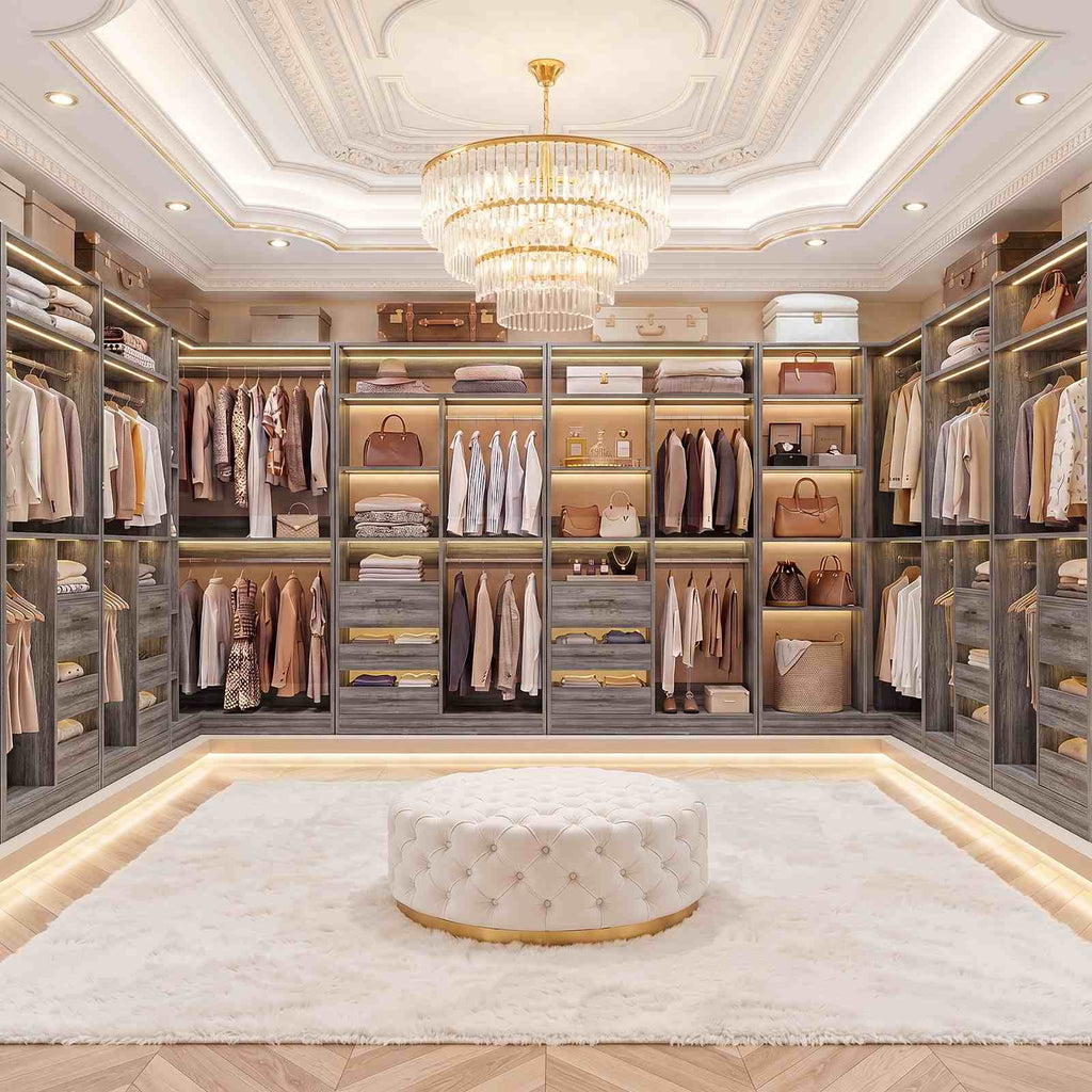 108" L-Shaped Closet System with 6 Drawers, 9FT Corner Closet System with 6 Hanging Rods & Corner Tower