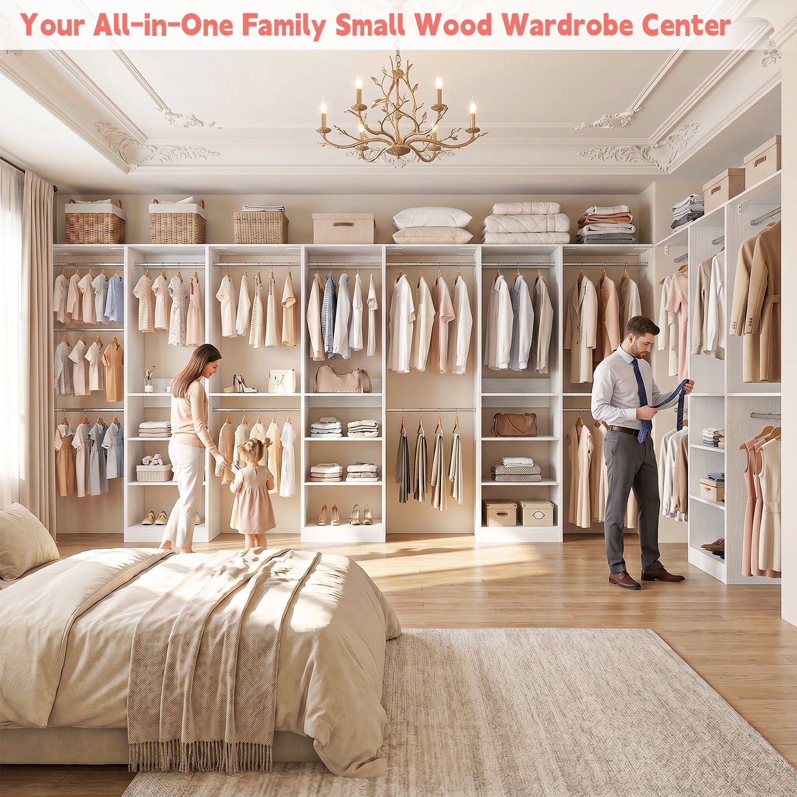 48" Small Closet System, Space-Saving Wall-Mounted Wardrobe Organizer, with 3 Adjustable Hanging Rods & 4 Shelves