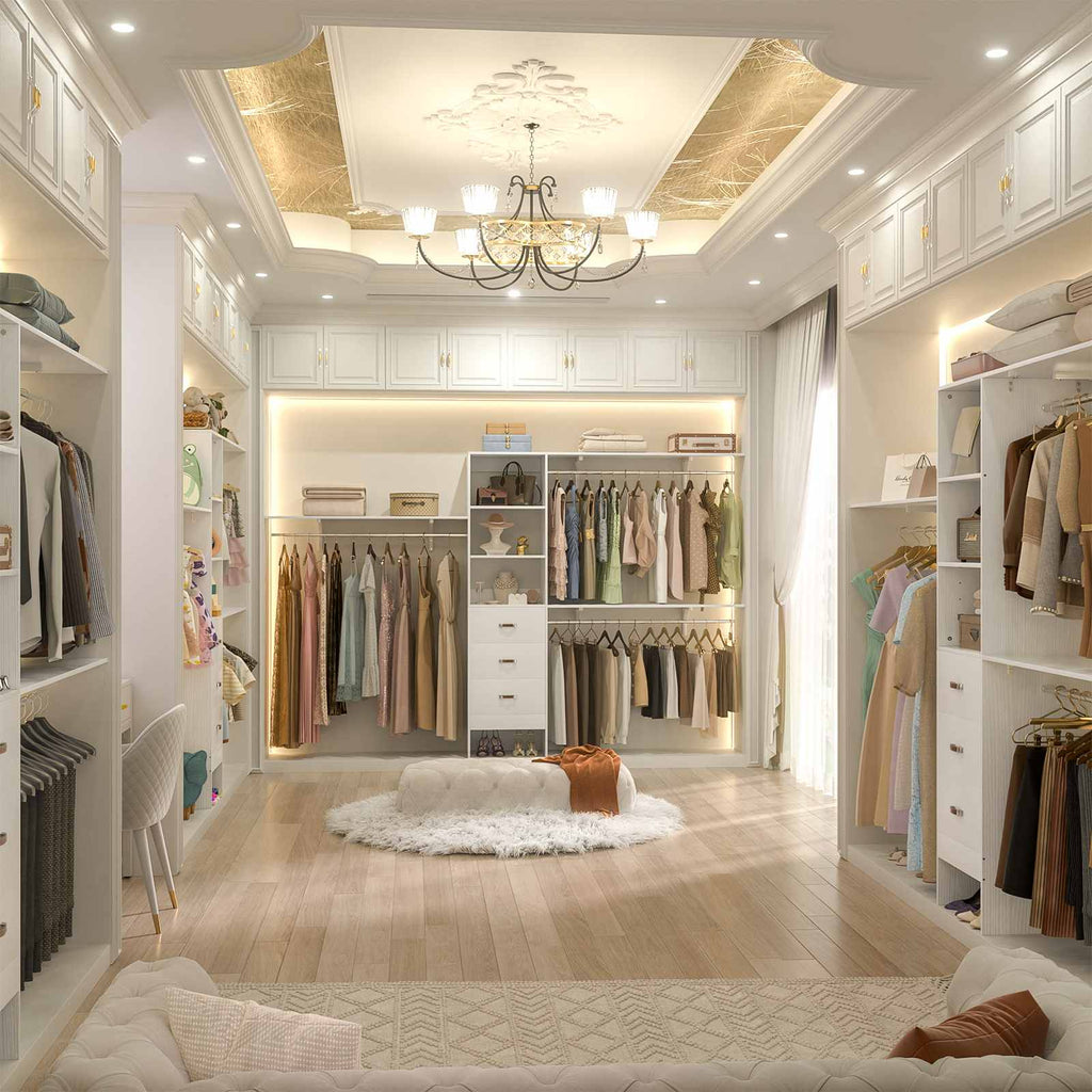 10FT Heavy Duty Closet System with 3 Wooden Drawers, 3 Shelving Towers and Expandable Rods