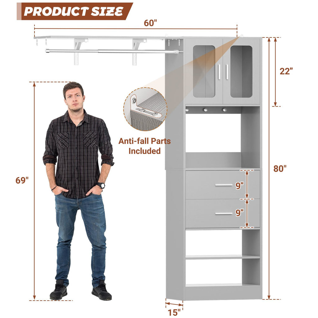 80" Tall x 60" Wide Closet System with Doors, Wooden Drawers, Big Wing Shelf and Hanging Rod