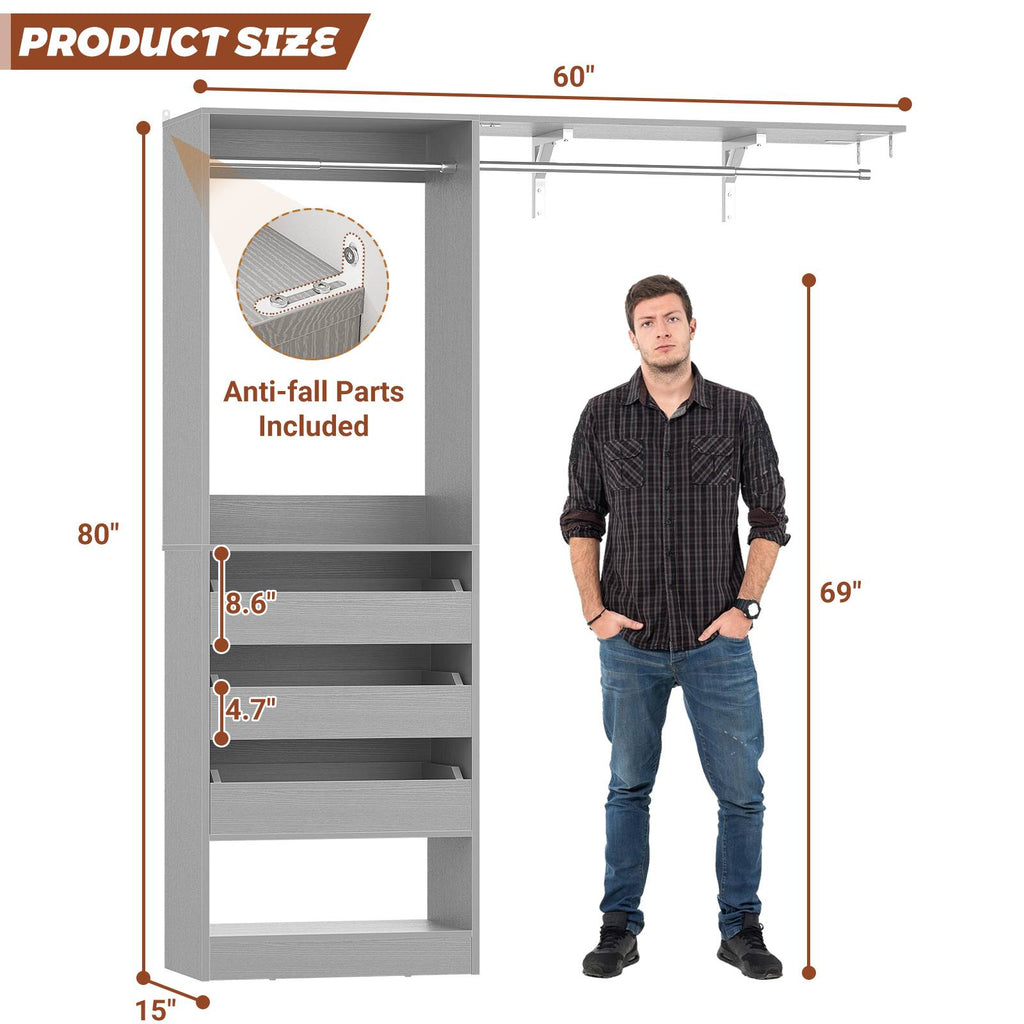80" Tall x 60" Wide Closet System with 3 Half-Open Wooden Drawers,  2 Hanging Rods and Big Wing Shelf