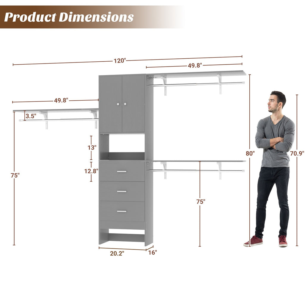 120" Heavy Duty Closet System with Cabinet Doors and 3 Wooden Drawers