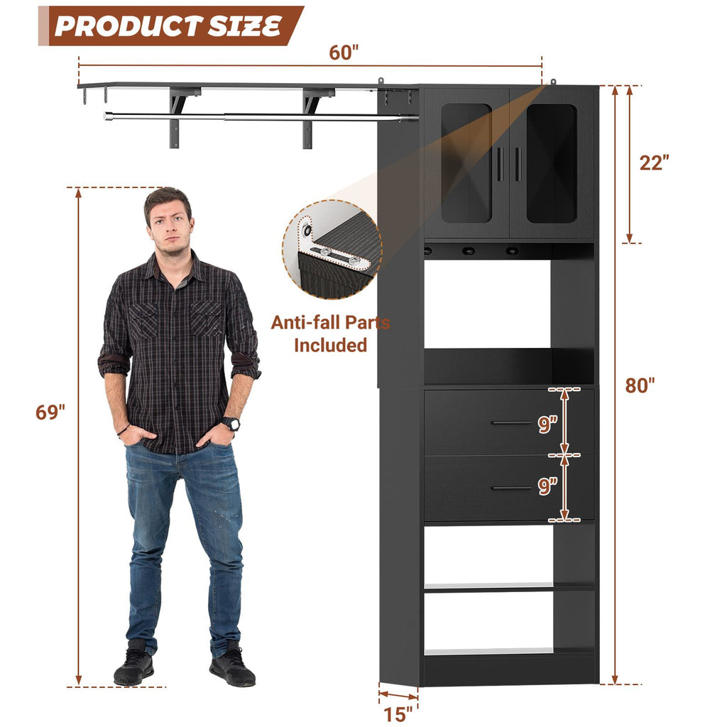 80" Tall x 60" Wide Closet System with Doors, Wooden Drawers, Big Wing Shelf and Hanging Rod