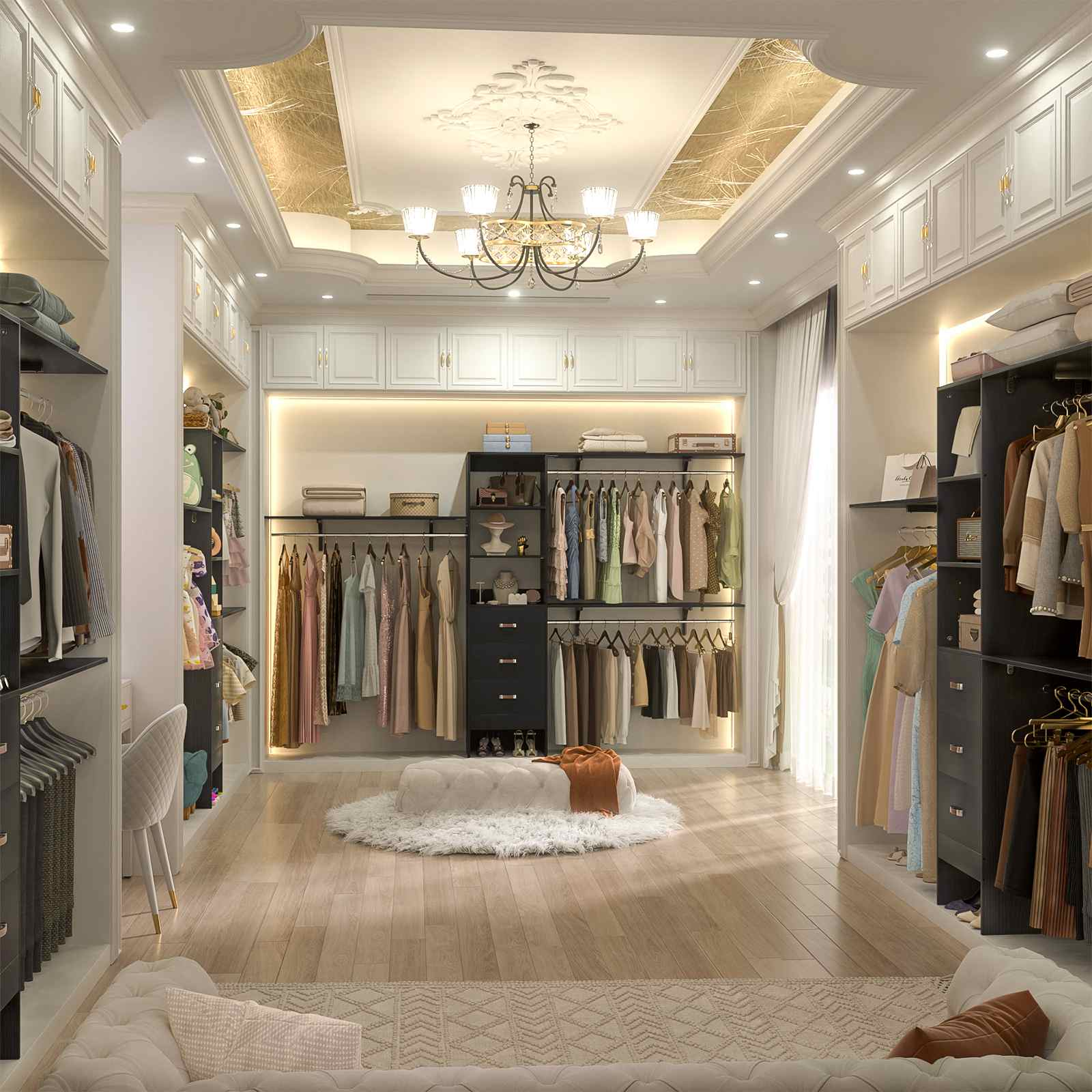 10FT Heavy Duty Closet System with 3 Wooden Drawers, 3 Shelving Towers and Expandable Rods