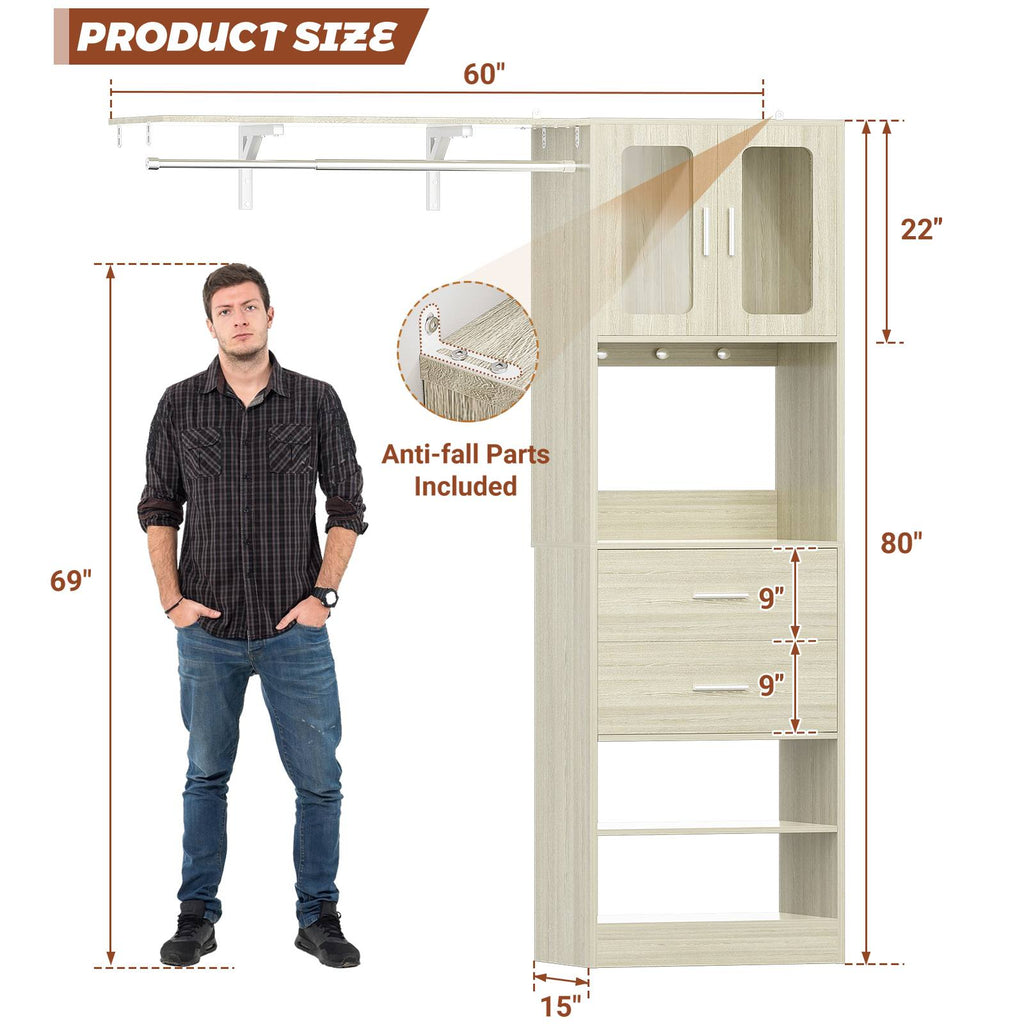 80" Tall x 60" Wide Closet System with Doors, Wooden Drawers, Big Wing Shelf and Hanging Rod