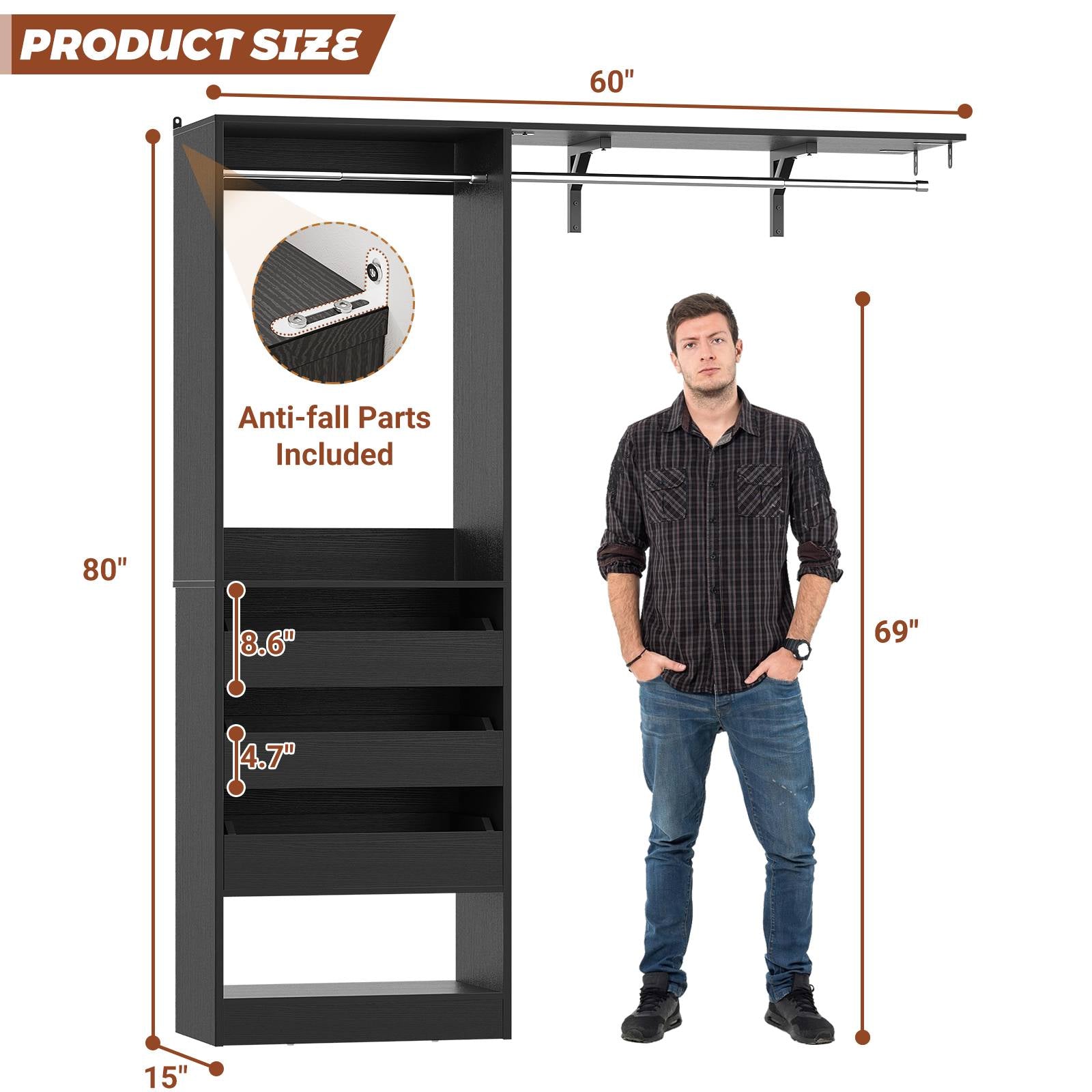 80" Tall x 60" Wide Closet System with 3 Half-Open Wooden Drawers,  2 Hanging Rods and Big Wing Shelf