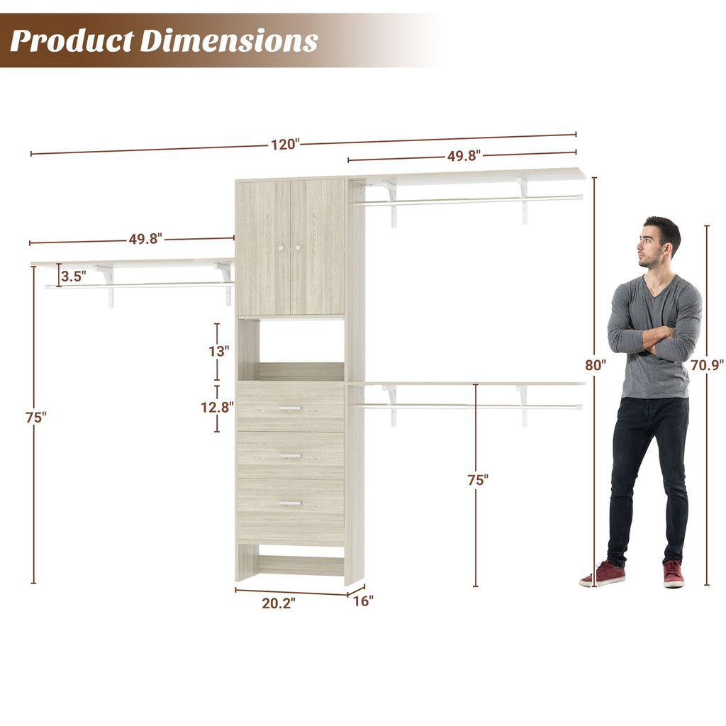 120" Heavy Duty Closet System with Cabinet Doors and 3 Wooden Drawers