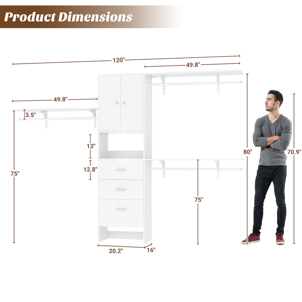 120" Heavy Duty Closet System with Cabinet Doors and 3 Wooden Drawers