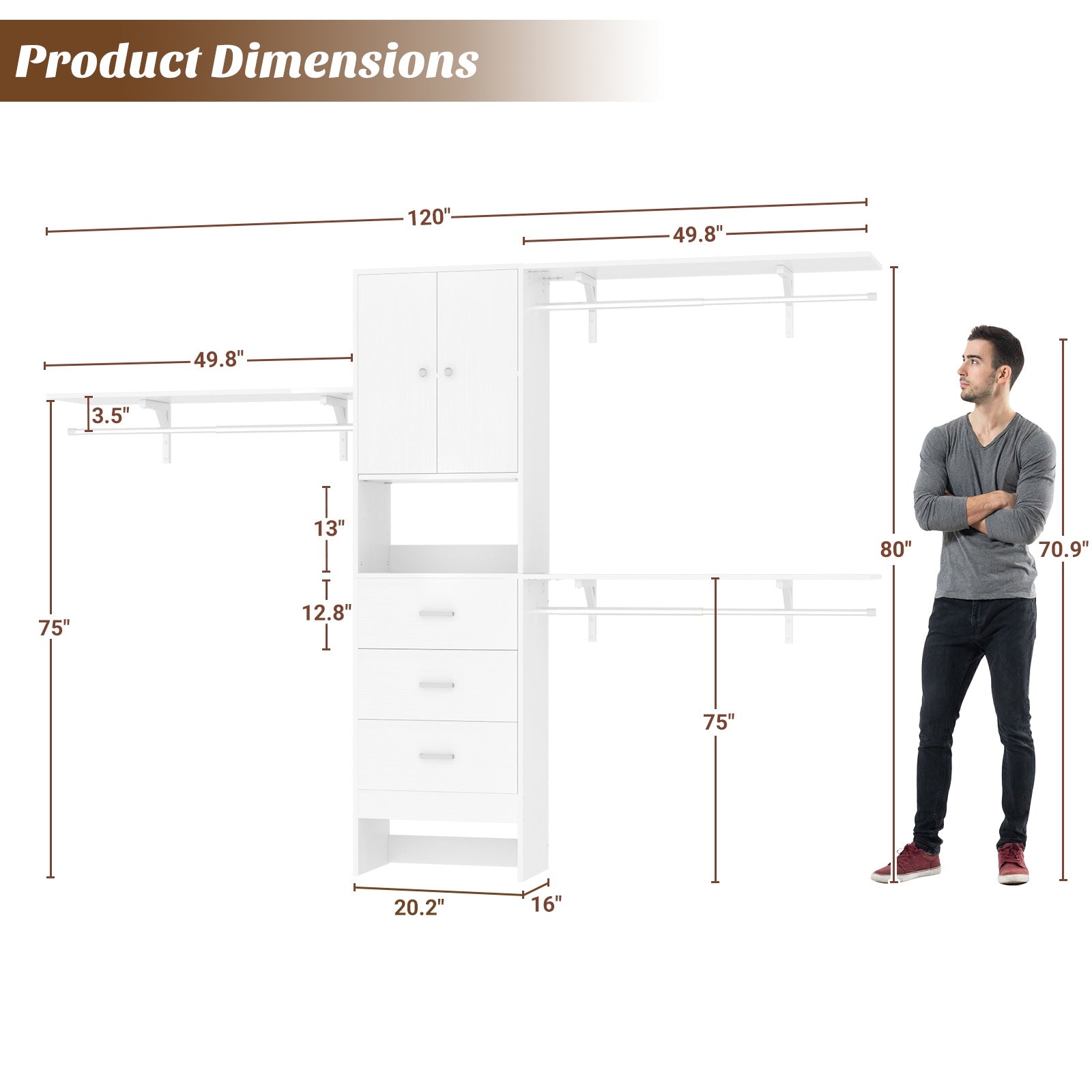 120" Heavy Duty Closet System with Cabinet Doors and 3 Wooden Drawers