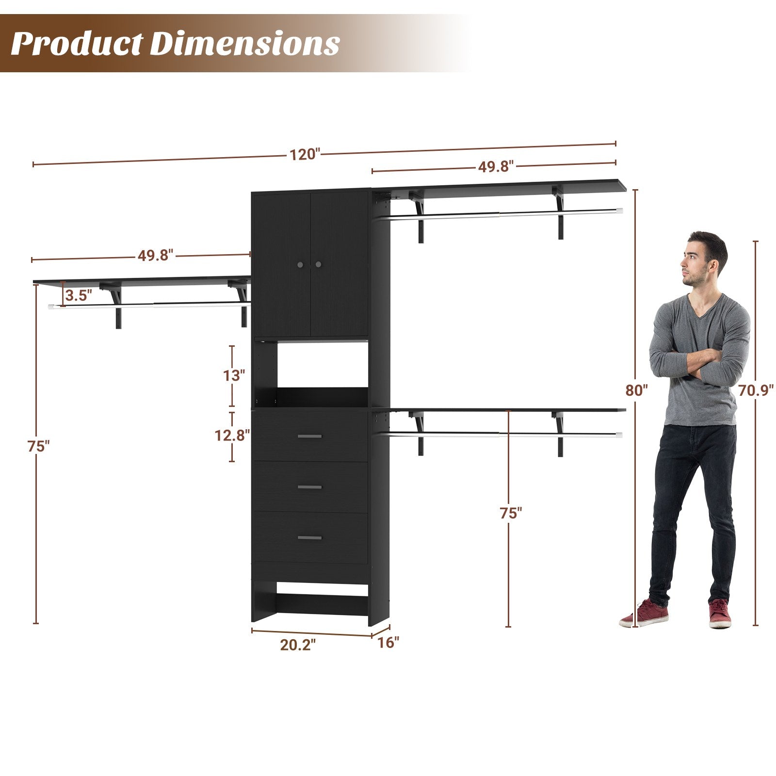 120" Heavy Duty Closet System with Cabinet Doors and 3 Wooden Drawers