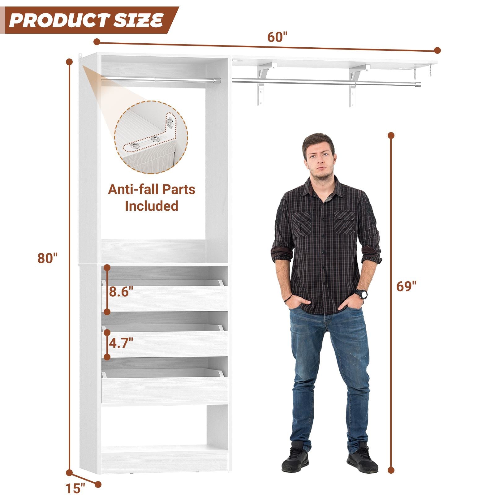 80" Tall x 60" Wide Closet System with 3 Half-Open Wooden Drawers,  2 Hanging Rods and Big Wing Shelf