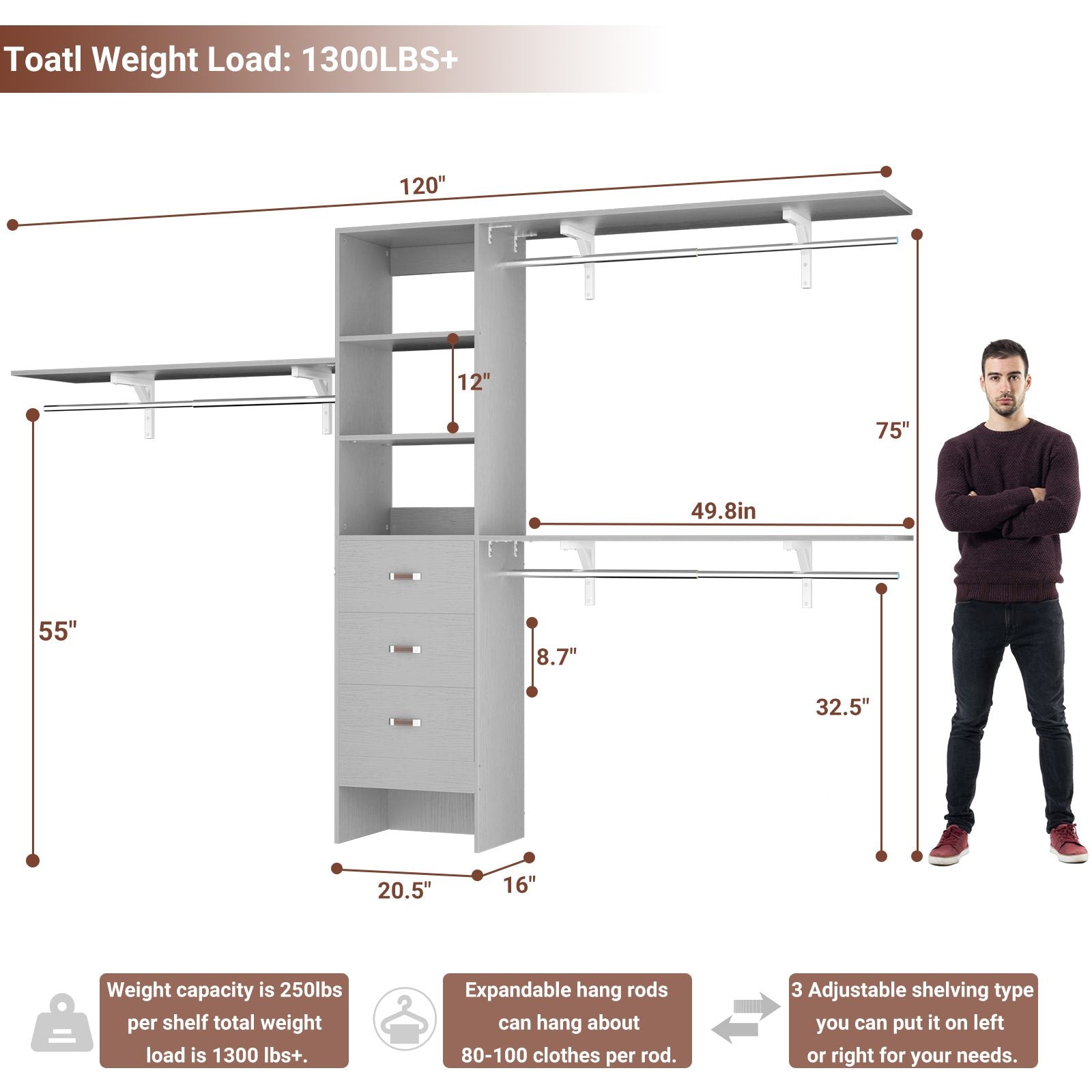 10FT Heavy Duty Closet System with 3 Wooden Drawers, 3 Shelving Towers and Expandable Rods