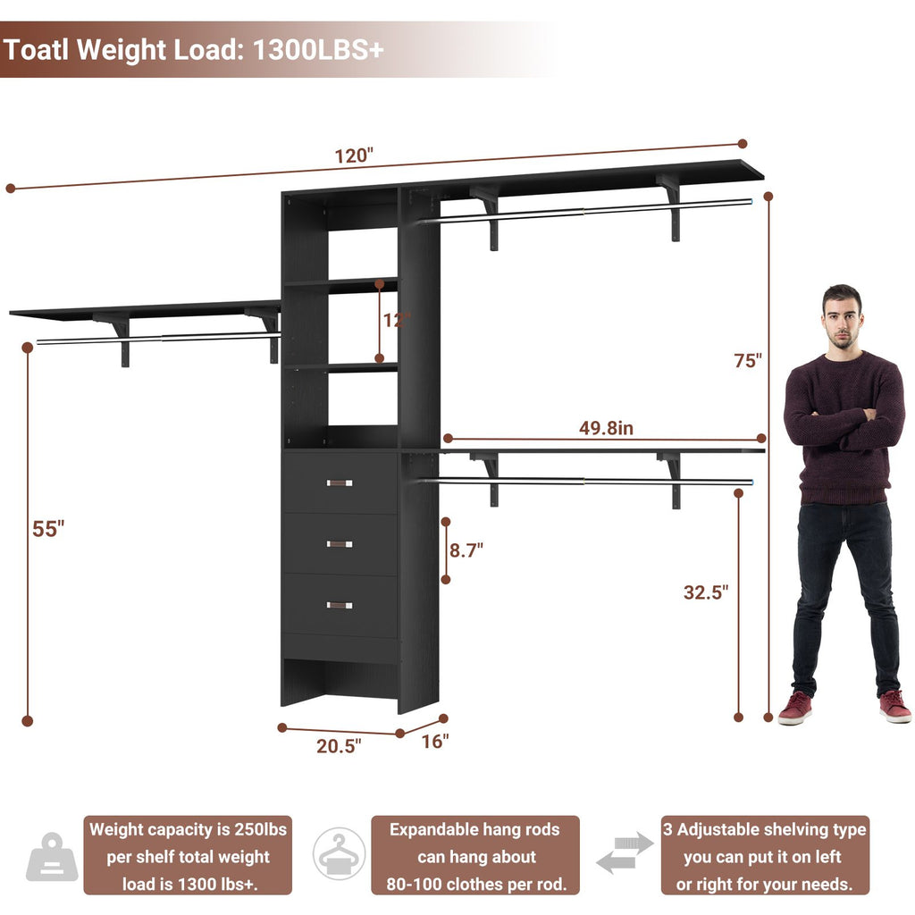 10FT Heavy Duty Closet System with 3 Wooden Drawers, 3 Shelving Towers and Expandable Rods
