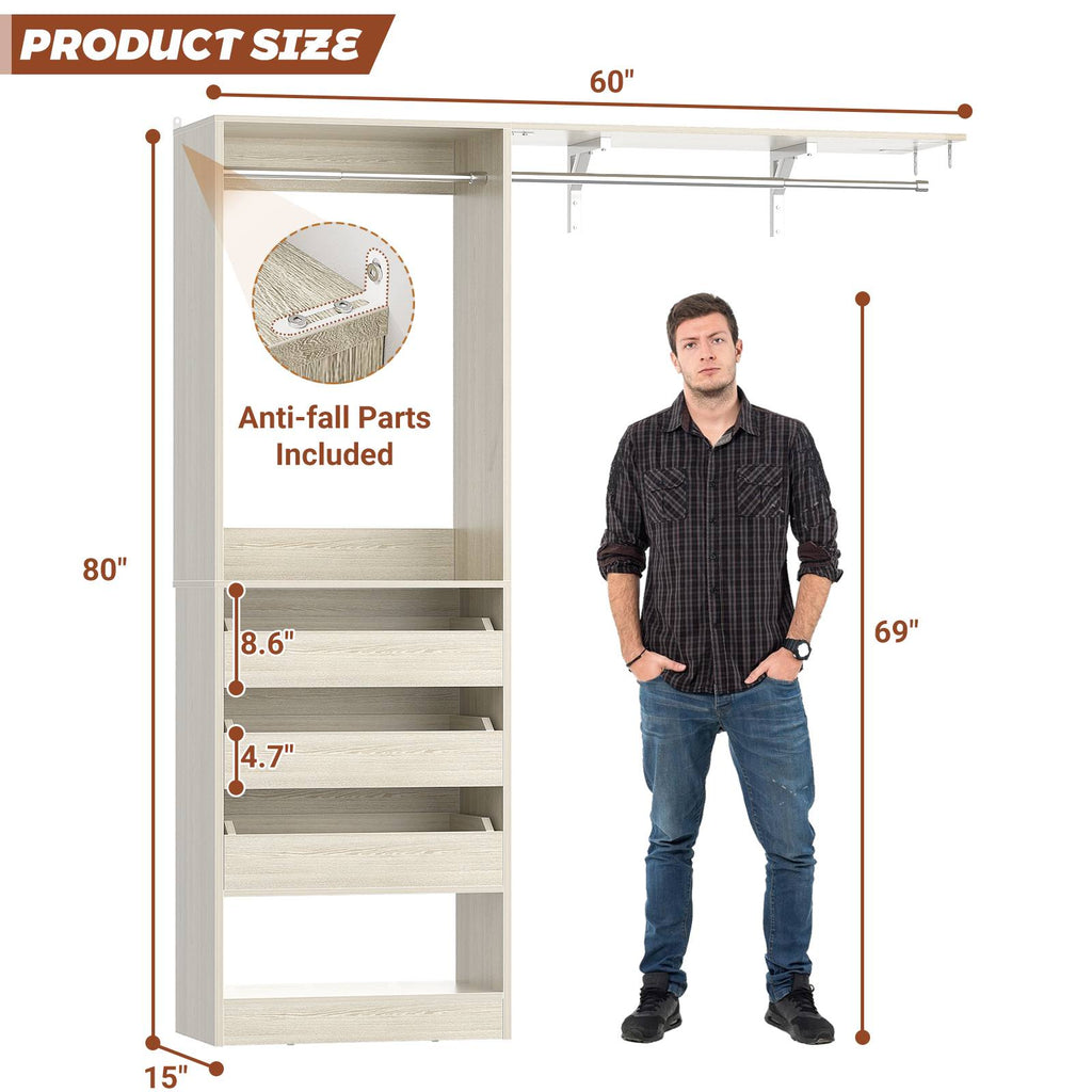 80" Tall x 60" Wide Closet System with 3 Half-Open Wooden Drawers,  2 Hanging Rods and Big Wing Shelf