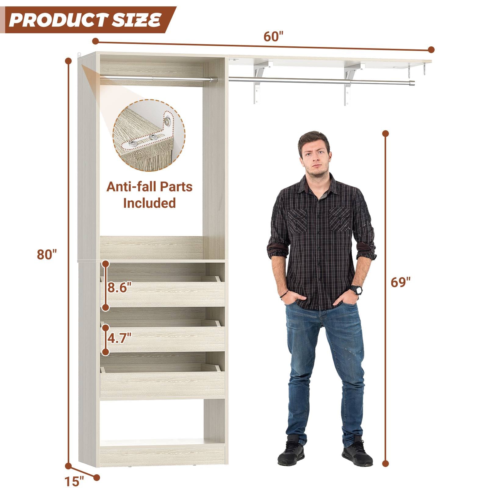80" Tall x 60" Wide Closet System with 3 Half-Open Wooden Drawers,  2 Hanging Rods and Big Wing Shelf