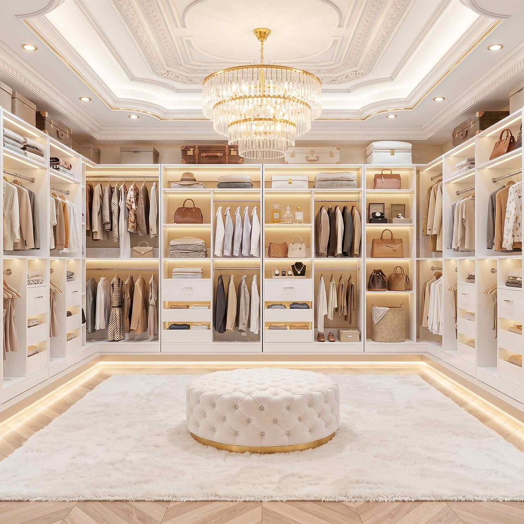 108" L-Shaped Closet System with 6 Drawers, 9FT Corner Closet System with 6 Hanging Rods & Corner Tower
