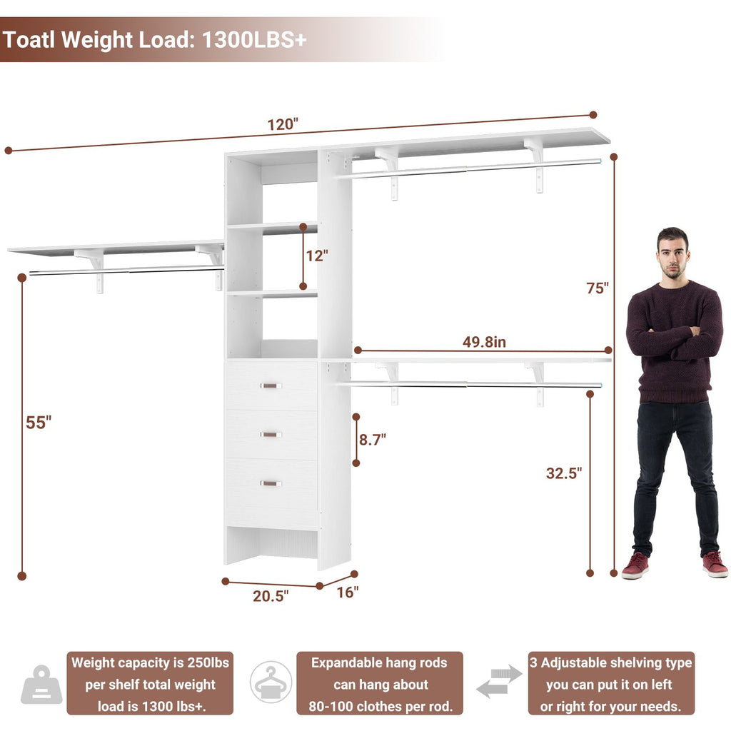10FT Heavy Duty Closet System with 3 Wooden Drawers, 3 Shelving Towers and Expandable Rods