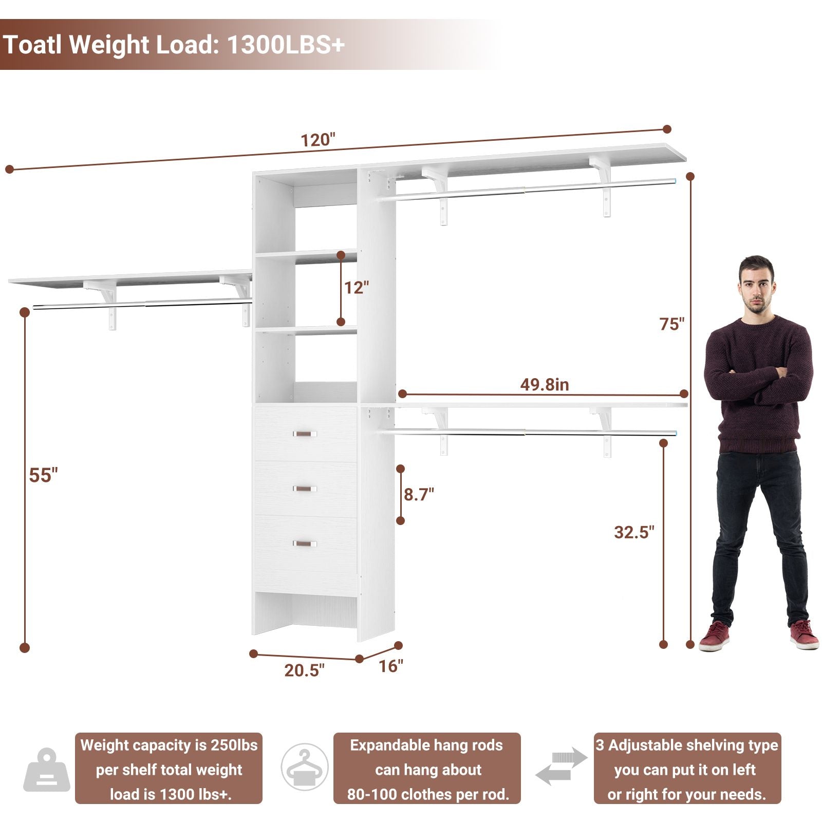 10FT Heavy Duty Closet System with 3 Wooden Drawers, 3 Shelving Towers and Expandable Rods