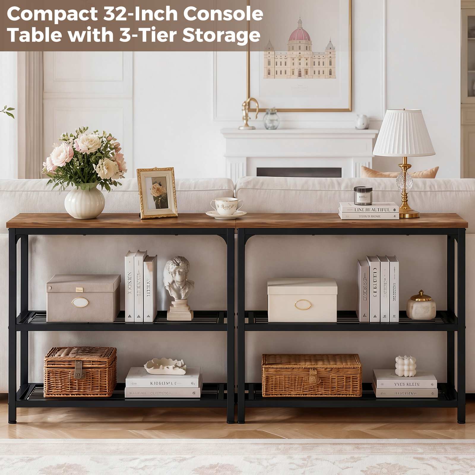 32" 3-Tier Small Entryway Table with Double Mesh Shelves