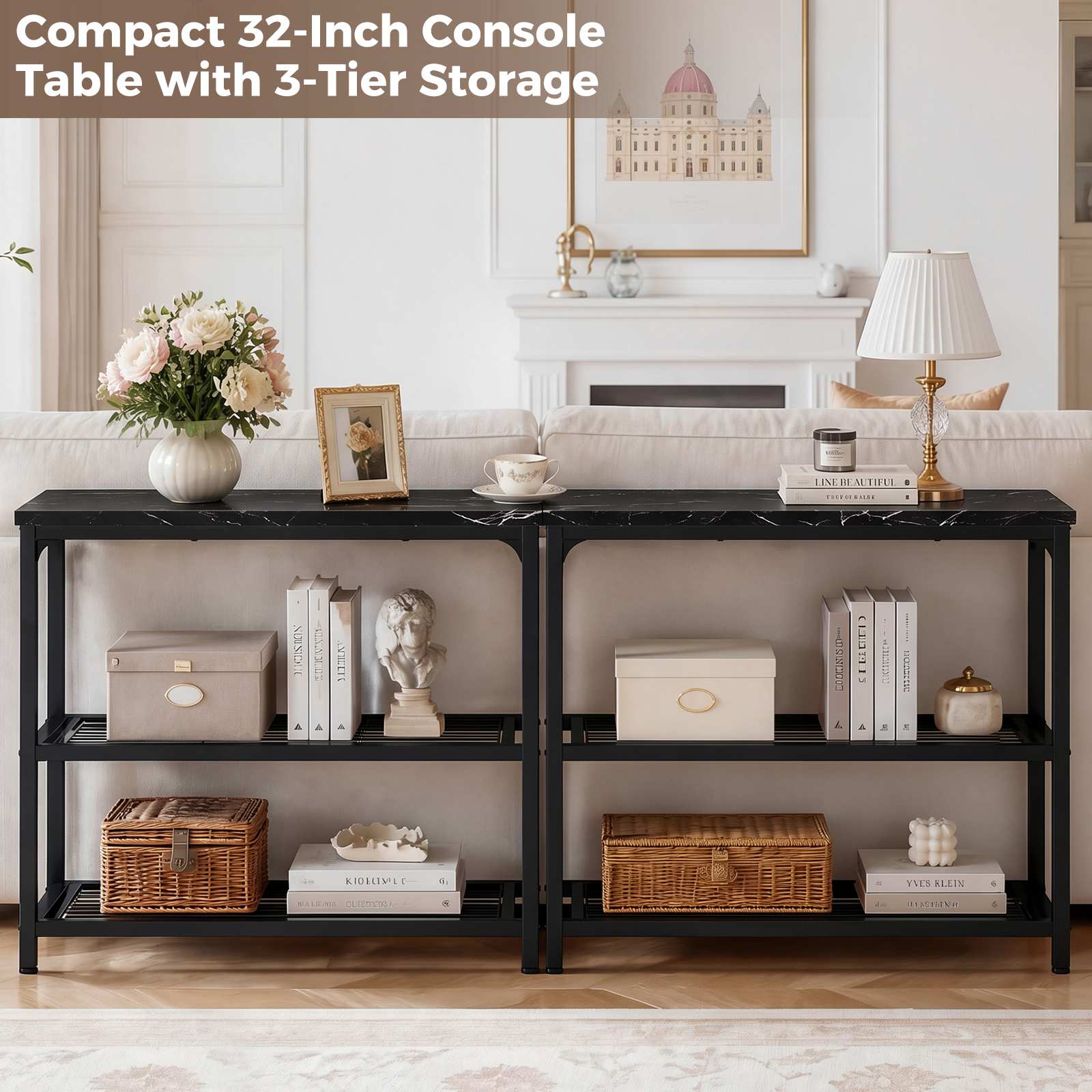32" 3-Tier Small Entryway Table with Double Mesh Shelves