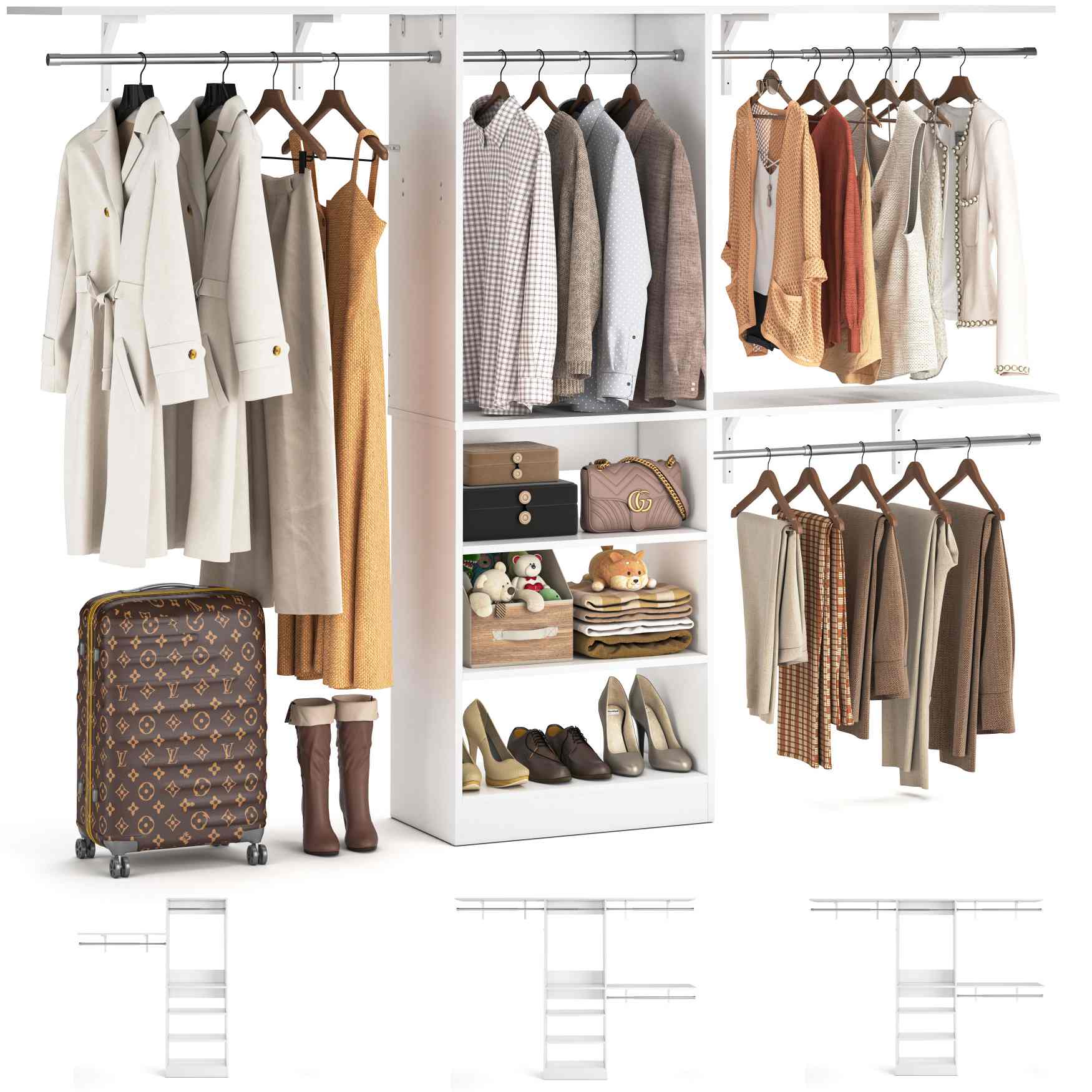96'' Closet System with 3 Hanging Rods, Adjustable Cloth Garment Rack from 5 to 8FT