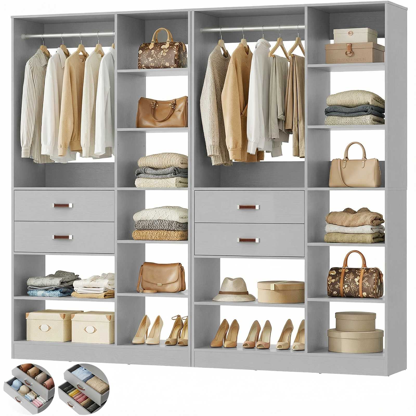 80'' Stand-Alone Closet System with 4 Wood Drawers, Garment Organizer System with Hanging Rod